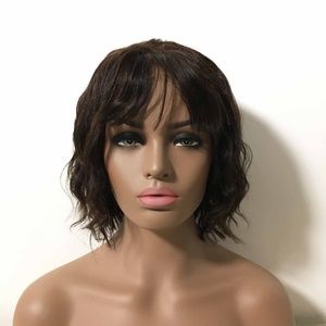 8 inch Lace Front Real Human Hair Wig Wavy with Fringe Bangs - Black